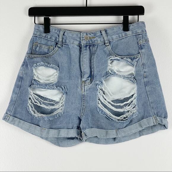 Shein Distressed High Rise Exposed Pockets Cuffed Blue Denim Jean Shorts Small - Picture 8 of 8